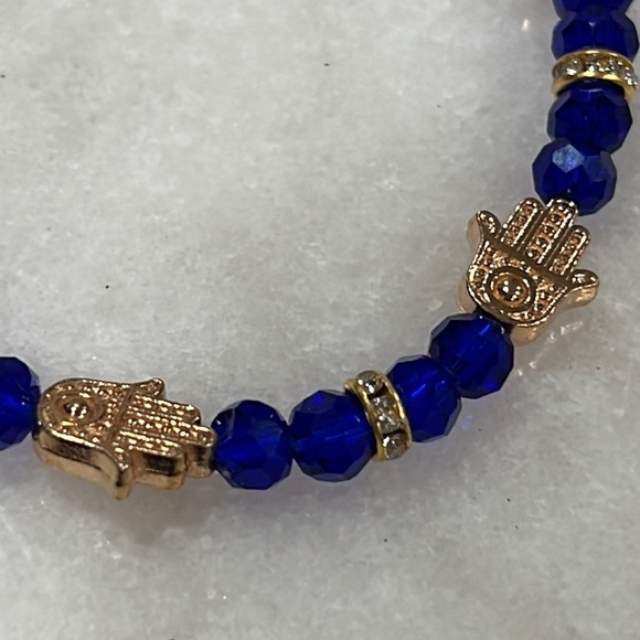 Blue Cobalt Beaded Gold Hand of Fatima (Hamsa) Glass Stretch Bracelet - Picture 2 of 4